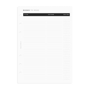 Op de afbeelding: Een afdrukbare plannerpagina met een zwarte kop die "BOEKEN OM TE LEZEN" zegt. De pagina is verdeeld in drie kolommen met de labels "TITEL", "AUTEUR" en "BEoordeling".