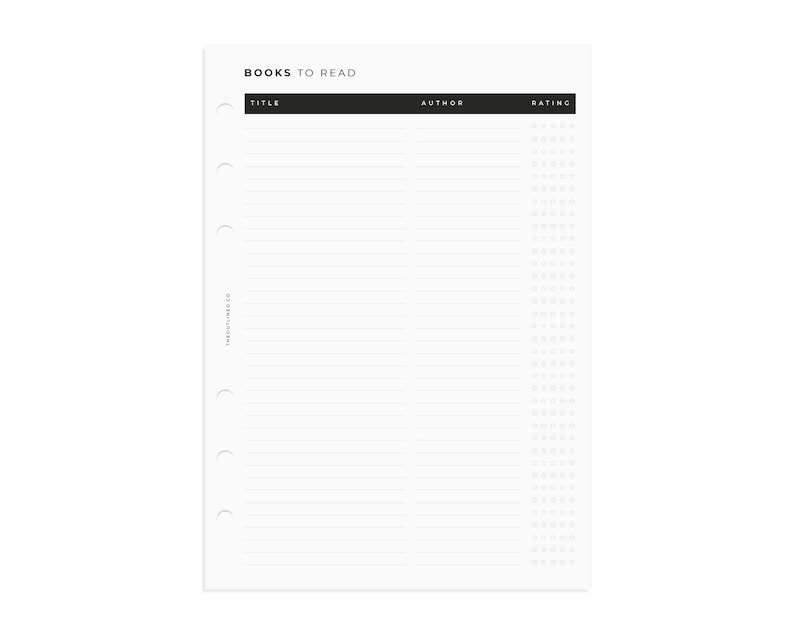 Op de afbeelding: Een afdrukbare plannerpagina met een zwarte kop die "BOEKEN OM TE LEZEN" zegt. De pagina is verdeeld in drie kolommen met de labels "TITEL", "AUTEUR" en "BEoordeling".
