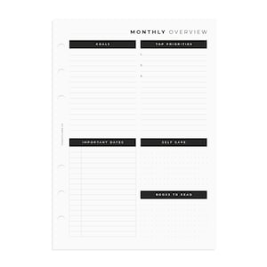 Op de afbeelding: Een zwart-witte printbare maandelijkse planner met secties voor doelen, topprioriteiten, belangrijke data, zelfzorg en boeken om te lezen.