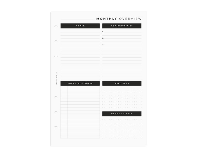 Op de afbeelding: Een zwart-witte printbare maandelijkse planner met secties voor doelen, topprioriteiten, belangrijke data, zelfzorg en boeken om te lezen.