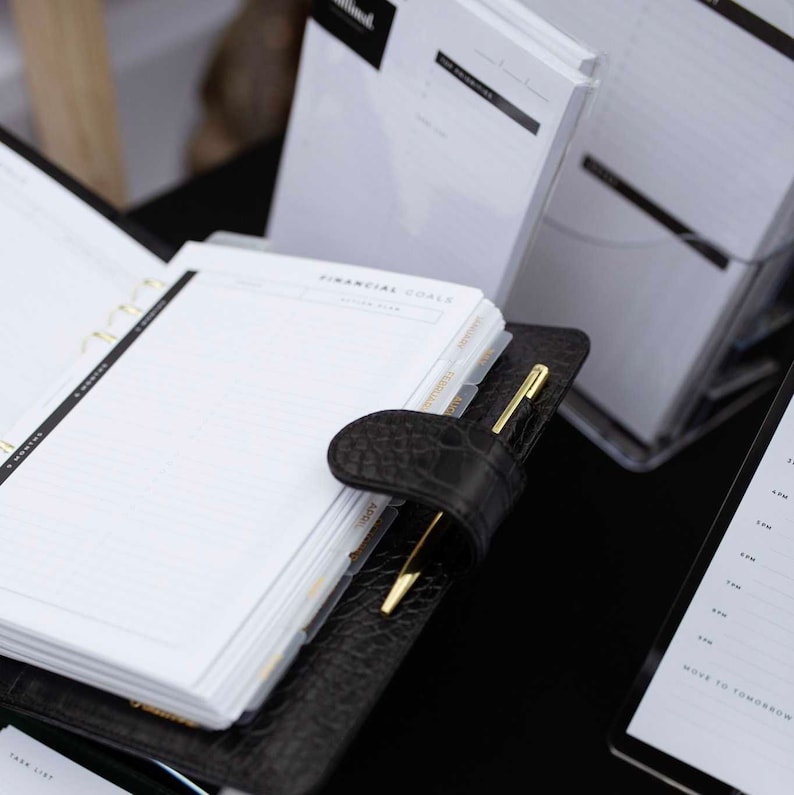 Black Croc Leather A5 Planner Cover | Premium Vegan Leather Planner | Also Available Without Rings for Half Letter Gold Rings