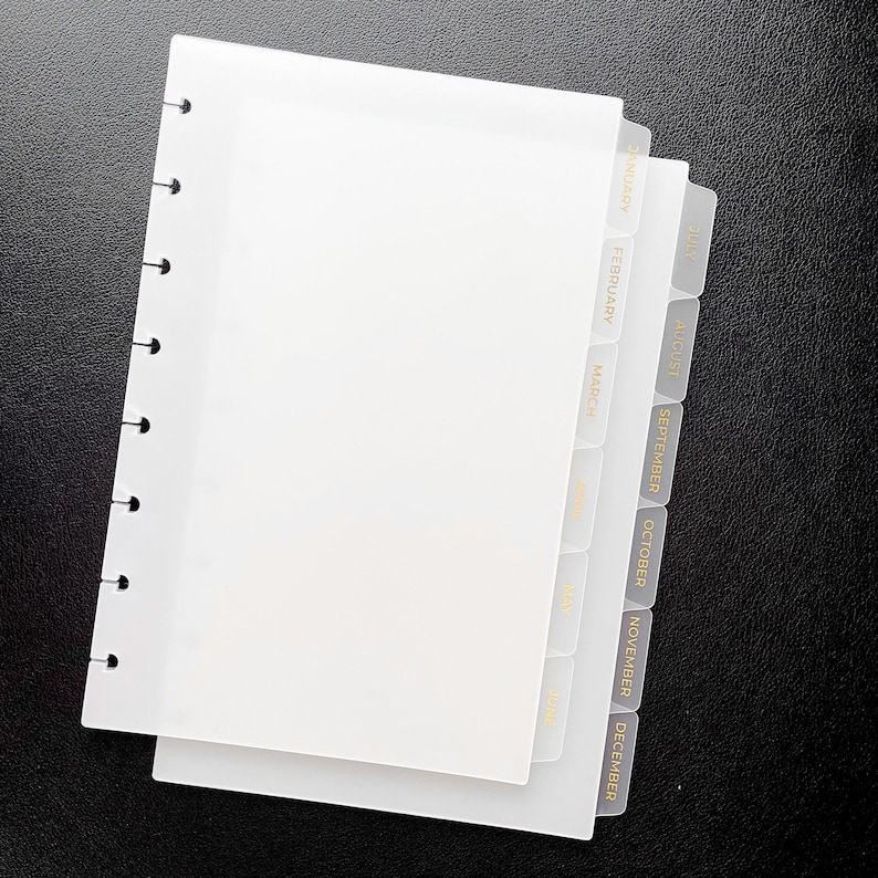 Gold Foil Monthly Planner Dividers | Frosted Tabs for 6-Ring A5, Half Letter, Personal Wide, Pocket, Mini HP | LV Agenda & Filofax Inserts Half Letter (Disc)