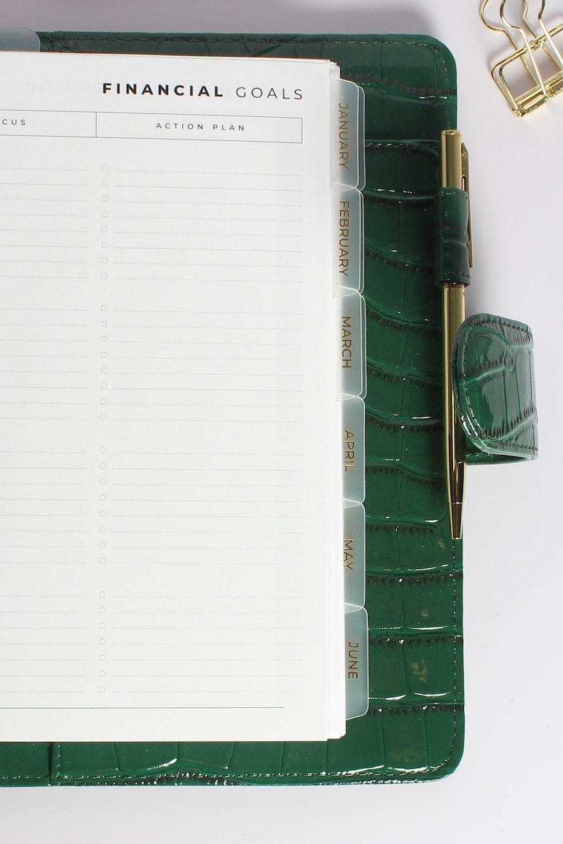 May include: A green faux leather planner with gold accents and clear dividers labeled January through June. The planner has a pen holder and a section labeled "Financial Goals" and "Action Plan".
