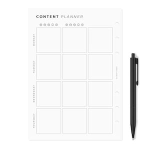 May include: A white content planner with a grid layout for scheduling social media posts. The planner has the words "CONTENT PLANNER" at the top and includes icons for Facebook, Instagram, Twitter, Pinterest, and YouTube. The planner is designed for a week, with days of the week listed on the left side: Monday, Tuesday, Wednesday, and Thursday.
