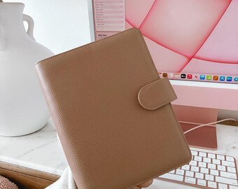Tan Brown Leather A5 Planner Cover | Pebbled Vegan Leather Binder | Refillable 6-Ring Binder | Also Available Without Rings for Half Letter