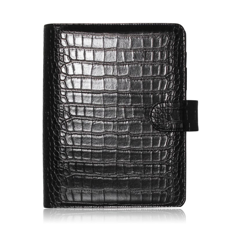 Black Croc Leather A5 Planner Cover | Premium Vegan Leather Planner | Also Available Without Rings for Half Letter image 2