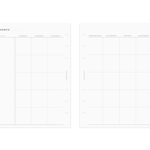 Op de afbeelding: Een blanco maandelijkse plannerpagina met een notitiegedeelte aan de linkerkant en een raster voor elke dag van de week aan de rechterkant. De dagen van de week zijn gelabeld van zondag tot zaterdag.