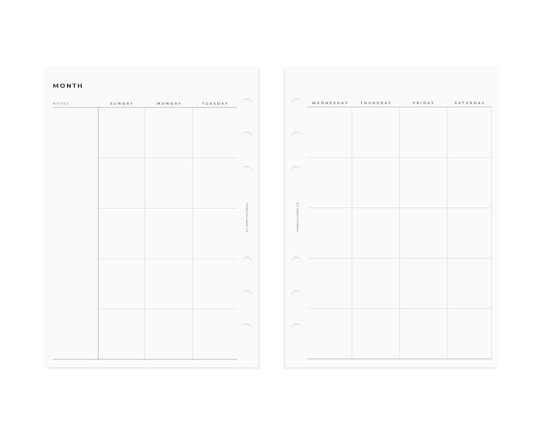 Op de afbeelding: Een blanco maandelijkse plannerpagina met een notitiegedeelte aan de linkerkant en een raster voor elke dag van de week aan de rechterkant. De dagen van de week zijn gelabeld van zondag tot zaterdag.