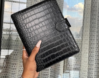 Black Croc Leather A5 Planner Cover | Premium Vegan Leather Planner | Also Available Without Rings for Half Letter