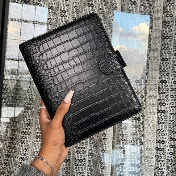 Black Croc Leather A5 Planner Cover | Premium Vegan Leather Planner | Also Available Without Rings for Half Letter