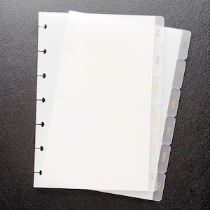 Gold Foil Monthly Planner Dividers | Frosted Tabs for 6-Ring A5, Half Letter, Personal Wide, Pocket, Mini HP | LV Agenda & Filofax Inserts Mini HP Disc