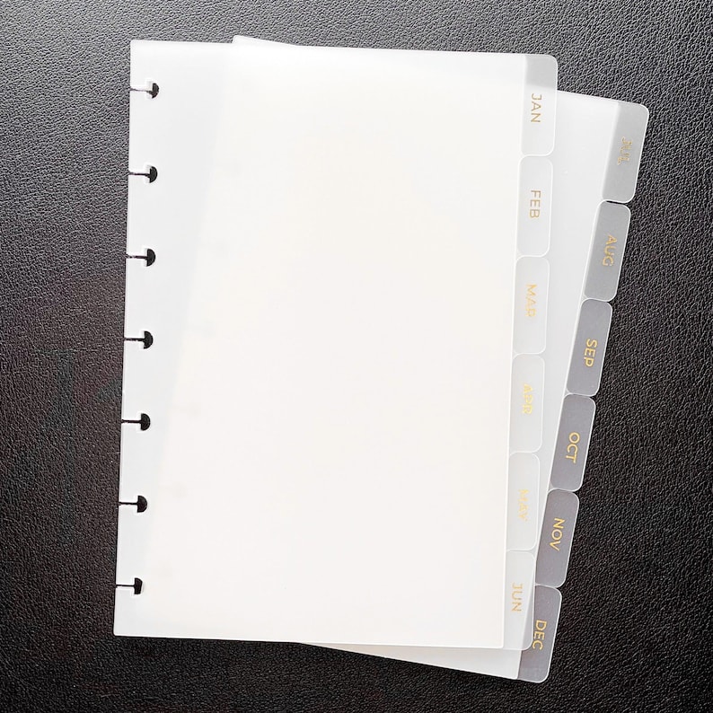 Gold Foil Monthly Planner Dividers | Frosted Tabs for 6-Ring A5, Half Letter, Personal Wide, Pocket, Mini HP | LV Agenda & Filofax Inserts Mini HP Disc