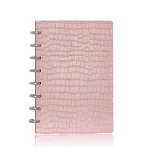 Planificador de media carta en piel de cocodrilo rosa / Tapa de cuero vegano con encuadernación en disco / Piel de cocodrilo rosa