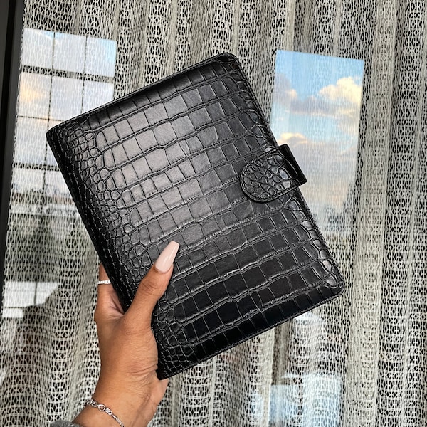 Black Croc Leather A5 Planner Cover | PU Vegan Leather Planner | Refillable 6-Ring A5 Binder