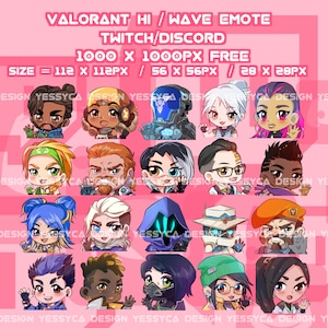 Schattige Valorant-emotesbundel met unieke wave-uitdrukkingen voor professionele Discord- en Twitch-streamers