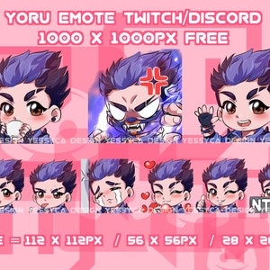 Pacchetto di emote Yoru Valorant carini con varie espressioni uniche per gli streamer professionisti di Discord e Twitch