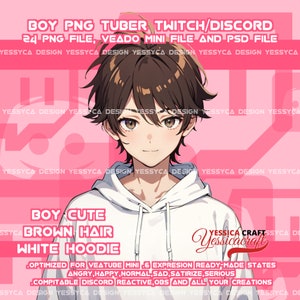 Boy PNGTuber Brown hair White Hoodie PNG Tuber Streaming Avatar Ready to Use and Download for OBS Streamlabs Twitch Streamer