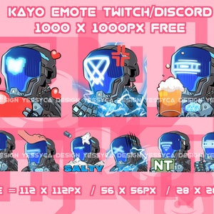 Könnte beinhalten: Ein Satz von neun digitalen Emoticons mit einer Figur mit einem blau-schwarzen Helm. Die Emoticons beinhalten Ausdrücke wie Liebe, salzig und Daumen hoch. Die Emoticons sind für die Verwendung auf Twitch und Discord konzipiert. Der Text "KAYO EMOTE TWITCH/DISCORD 1000 X 1000PX FREE" befindet sich oben im Bild. Der Text "SIZE = 112 X 112PX / 56 X 56PX / 28 X 28PX" befindet sich unten im Bild.