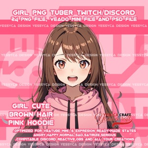Girl PNGTuber Brown hair Pink Hoodie PNG Tuber Streaming Avatar Ready to Use and Download for OBS Streamlabs Twitch Streamer