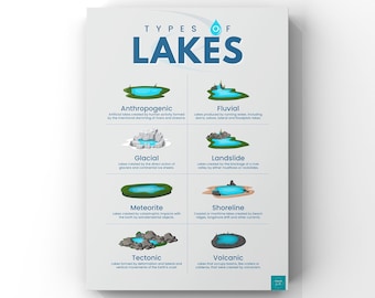 Poster Types de lacs | Poster de géographie | affiche environnementale | Décoration murale | Téléchargement numérique | Affiche A2, A3, A4, A5