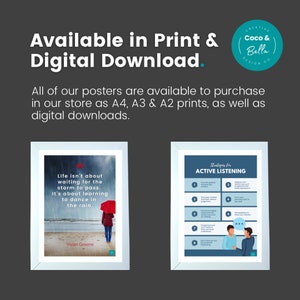May include: Two printable posters with motivational quotes. The first poster features a woman walking on a beach with a red umbrella. The quote reads "Life isn't about waiting for the storm to pass. It's about learning to dance in the rain." The second poster features a blue background with white text and a cartoon illustration of two people talking. The text reads "Strategies for Active Listening".