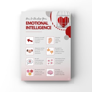 May include: A white educational poster titled How to Develop Your EMOTIONAL INTELLIGENCE featuring a red heart inside a white birdcage. It includes eight square icons with text explaining skills like active listening, conflict resolution, and empathy.