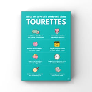May include: A teal educational poster titled HOW TO SUPPORT SOMEONE WITH TOURETTES. It features eight icons with text instructions: don't draw attention to tics, address tics based on acceptance, remove anxiety sources, provide private space, learn triggers, be patient, don't remark on new tics, and educate yourself.