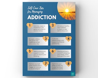 Self Care Tips for Managing Addiction Poster | Mental Health | Psychology | Wall Decor | Digital Download | A2, A3, A4, A5 Poster