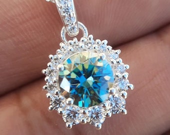 Moissanite Necklace-Blue Green Stone Necklace For Her-Engagement Gift-Solid Sterling Silver-Green Blue Moissanite-2ct Round-Wedding Necklace