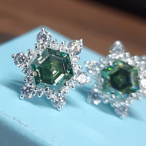 Moissanite Stud, Blue Green Stone Stud Earring For Her-Engagement Gift-Solid Sterling Silver-Moissanite Jewelry-Wedding Gift-For Women