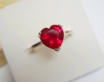 Anillo de rubí en forma de corazón-Anillo de promesa para su-Regalo de aniversario-925 Plata de ley-Anillo de compromiso-Regalo de Navidad-Para mujeres-Regalo de cumpleaños