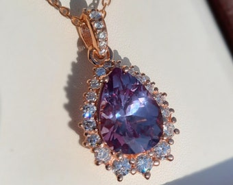 Alexandrite Pear Cut Necklace: Rose Gold Sterling Silver Pendant