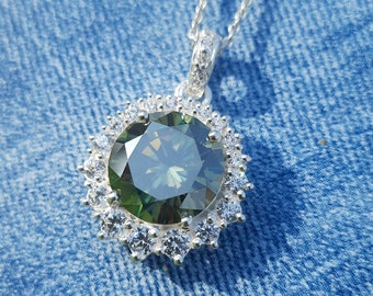 Blue Green Moissanite Necklace: 10ct Sterling Silver Wedding Pendant
