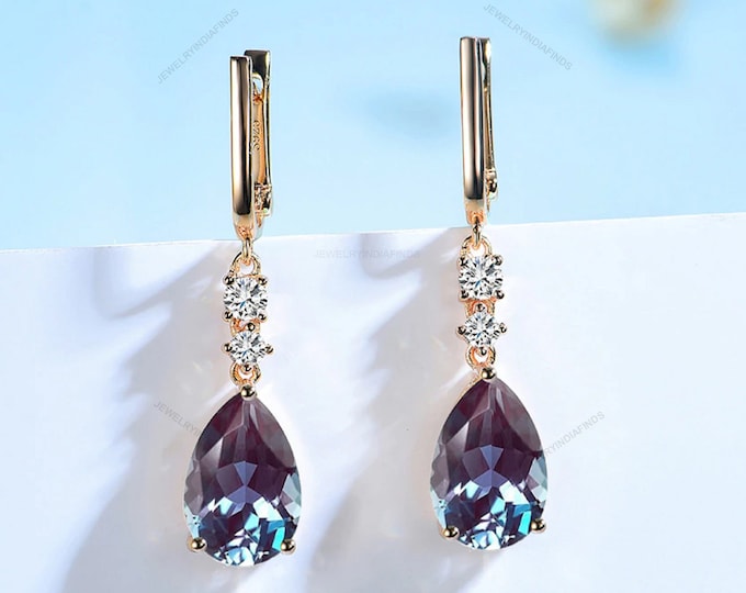 Alexandrite Pear Cut Drop Earrings: 925 Sterling Silver Leverback
