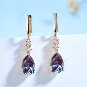 Changing Color Alexandrite Drop Earrings, For Women, 925 Sterling Silver, Pear Cut Clip Earrings, Anniversary Gift, Engagement Wedding Gift