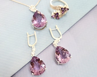Sterling Silver Amethyst Jewelry Set: Necklace, Earrings & Ring