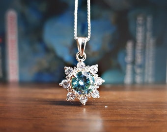 Moissanite Necklace-Blue Green Stone Necklace For Her-Engagement Gift-Solid Sterling Silver-Natural Moissanite-2ct Round-Wedding Necklace
