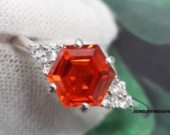 Orange Sapphire Ring, Hexagon Cut Silver Ring, Sapphire Engagement Ring, Unique Cut Rare Gemstone, Orange Stone, Promise Ring, For Mom Ring