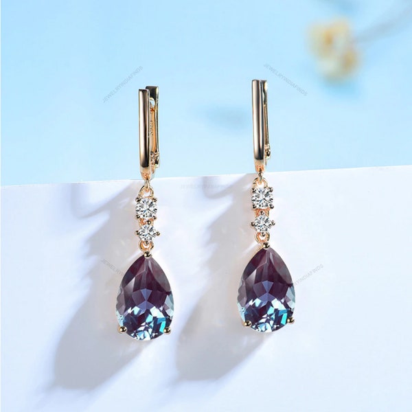 Color Change Alexandrite Drop Earrings, For Women, 925 Sterling Silver, Pear Cut Clip Earrings, Anniversary Gift, Engagement Wedding Gift