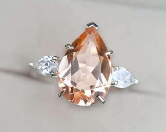 Peach Gemstone Ring, Morganite Ring, 925 Sterling Silver, Promise Ring For Her, Anniversary Gift, Engagement Ring, Christmas Gift, For Women