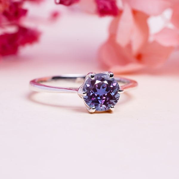 Alexandrite Ring, Thin Band Ring, Color Change Alexandrite Ring, Alexandrite Jewelry For Women, Round Cut Gemstone, Promise Ring