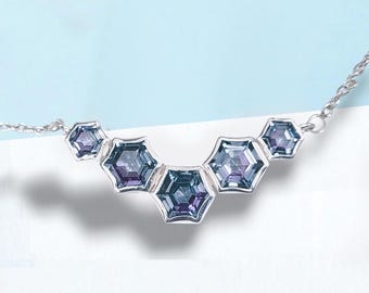HEXAGON Cut Alexandrite Pendant: 925 Sterling Silver Color Change Necklace