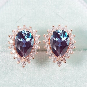 Color Change Alexandrite Stud Earrings, For Women, 925 Sterling Silver, Pear Cut Stud Earrings, Anniversary Gift, Engagement Wedding Gift