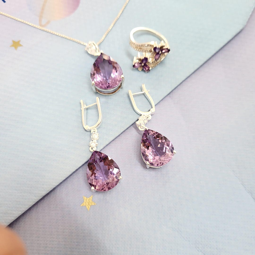 Sterling Silver Amethyst Jewelry Set: Necklace, Earrings & Ring - Etsy