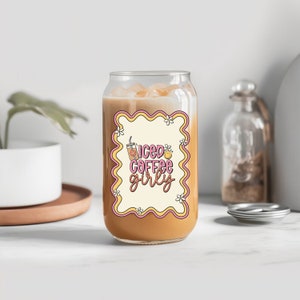 CraftedbyMagical | Iced coffee girly label UVDTF decal beer can glass cup, custom personalise libby glass tumbler, brideshower birthday gift