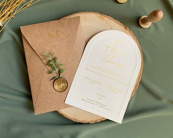 Rustic Arch Wedding Invitation with Wax Seal, Minimal Elegant Wedding Invite, Handmade Custom Invitation