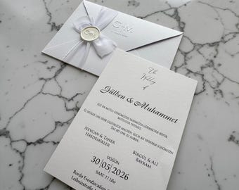 Minimal White Wedding Invitation with Wax Seal, Soft Elegant Wedding Invite, Modern Romantic Wedding Stationery