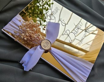 Gold Mirror Guestbook, Personalized Wedding Memory Book, Dried Flower & Ribbon Guest Book, Custom Initial Wax Seal, Luxury Keepsake
