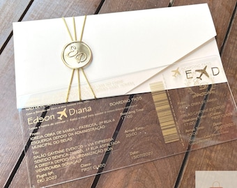Luxury Acrylic Boarding Pass Wedding Invitation | 2mm Clear Plexi | Gold Foil Travel Theme | Custom Wedding Invite
