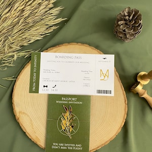 Passport Hochzeitseinladung, personalisierte Verlobung Einladung Set, Minimalistische grüne Hochzeitseinladung, Wachs Siegel, Brautparty Einladung